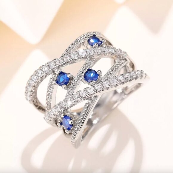 NEW 18k White Gold Sapphire Diamond Ring Band - Picture 5 of 5